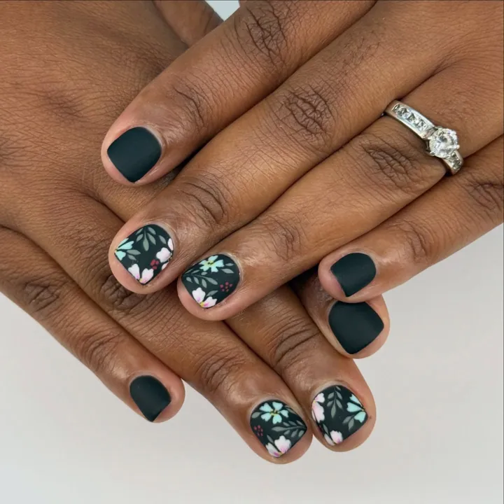 Dark green matte gel with floral nail art